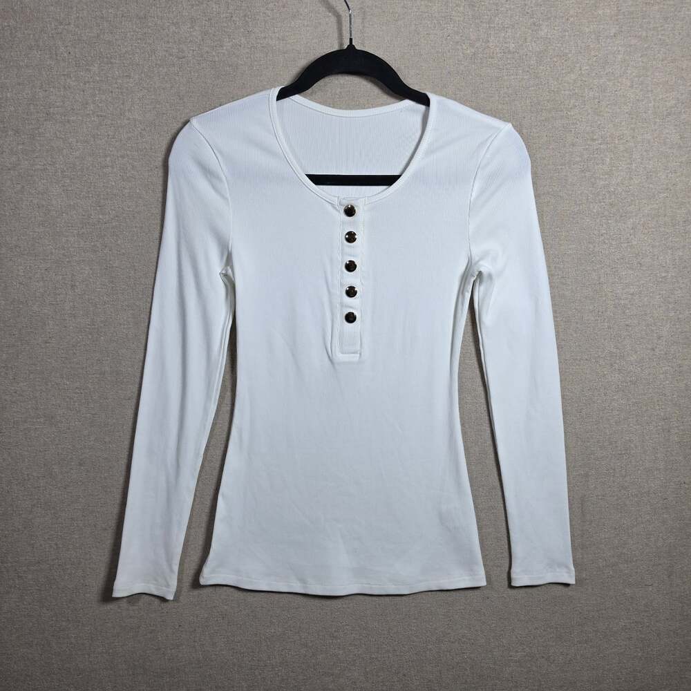 Ribbed Long Sleeve Henley Gold Snapp Womens Size S White